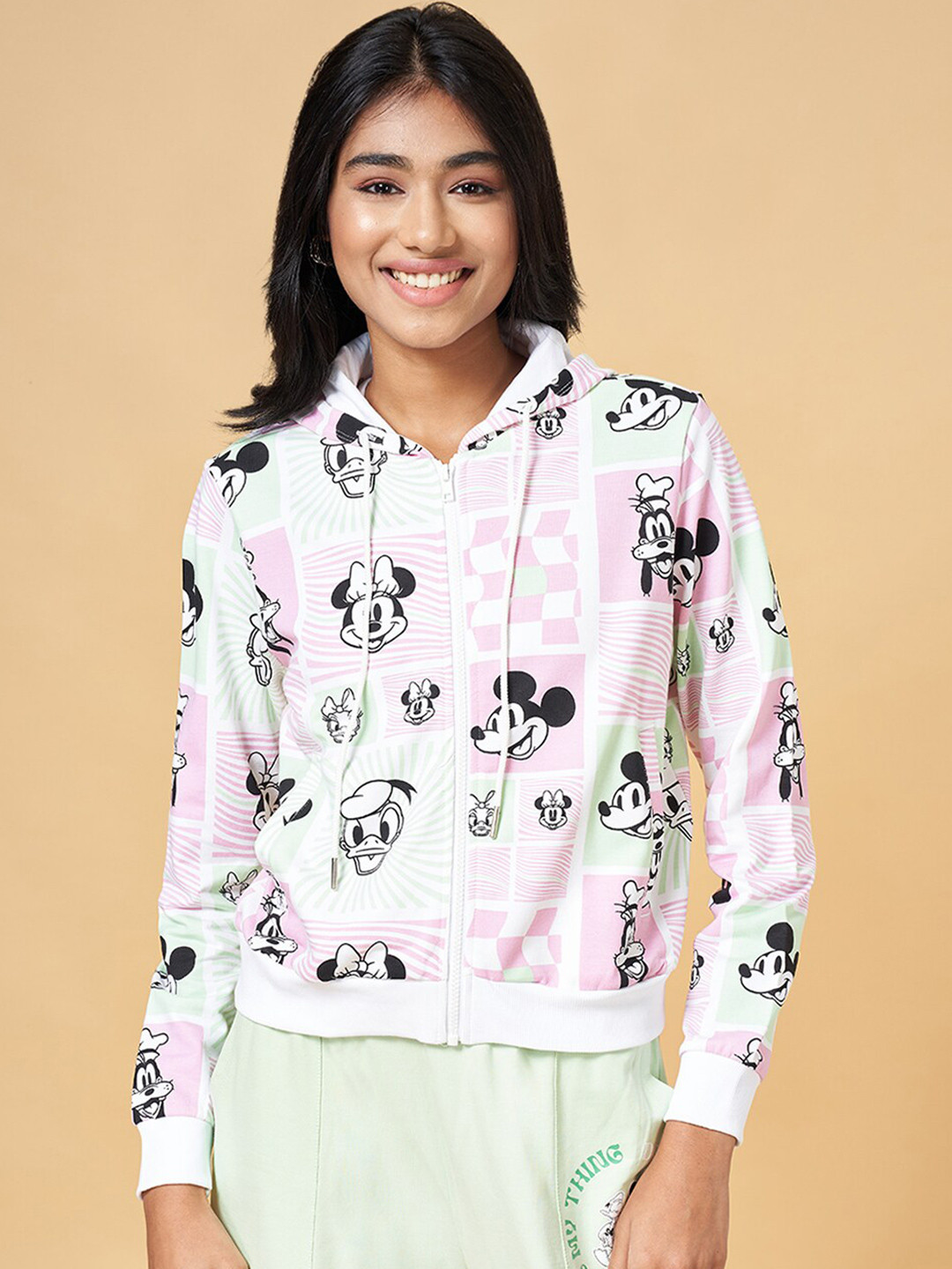 Honey by Pantaloons Mickey Mouse Printed Hooded Cotton Front-Open Sweatshirt