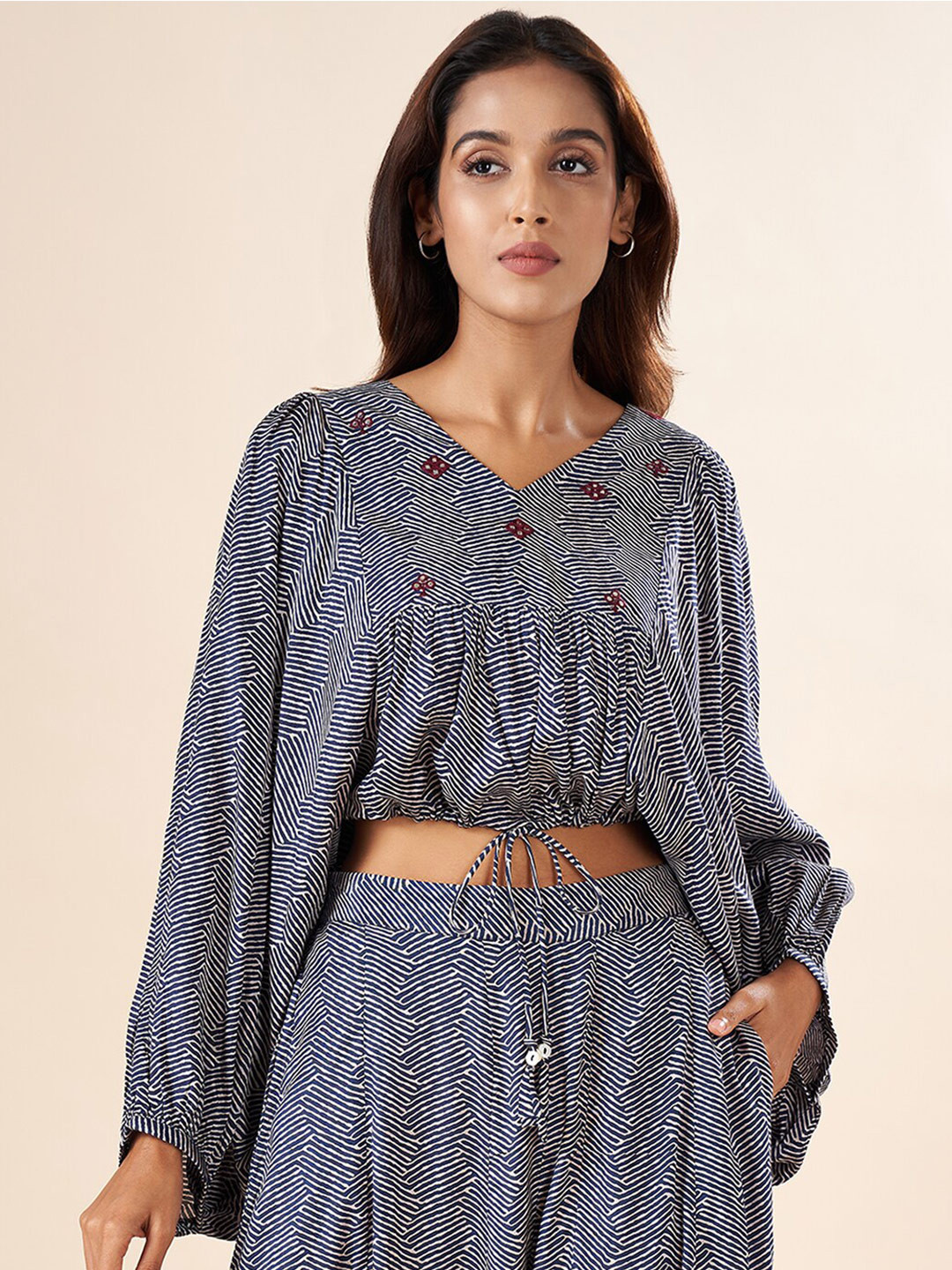 AKKRITI BY PANTALOONS Abstract Printed V-Neck Puff Sleeve Embroidered Crop Top
