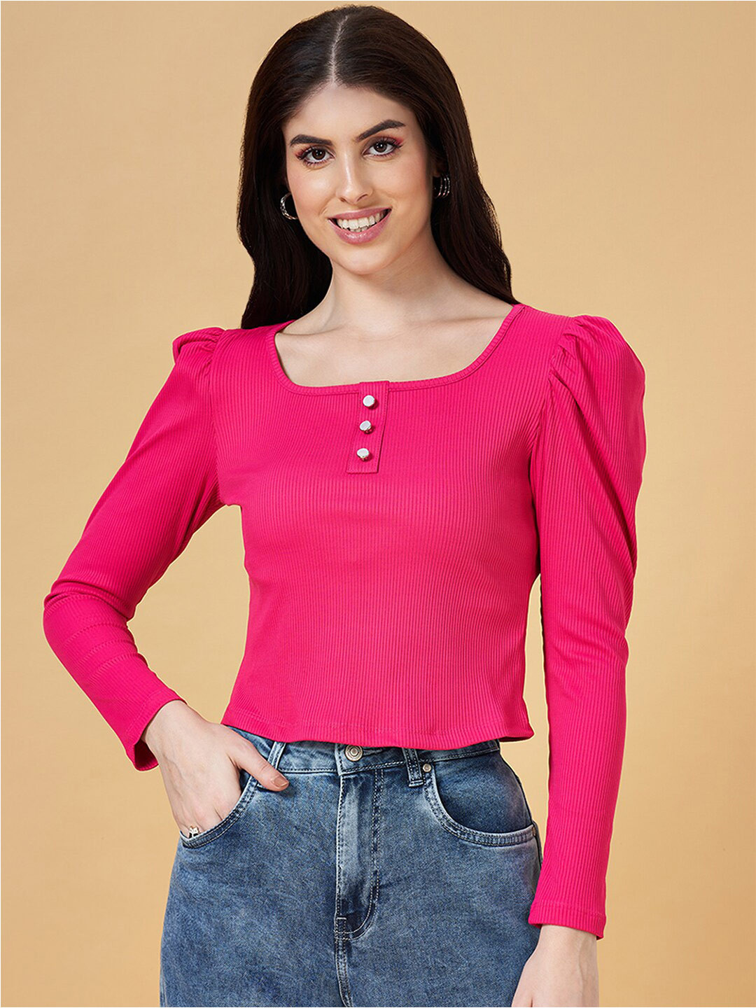 People Pink Vertical Striped Square Neck Puff Sleeves Crop Top