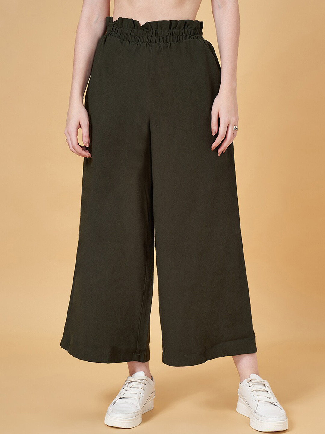 People Women Olive Green Flared Parallel Trousers