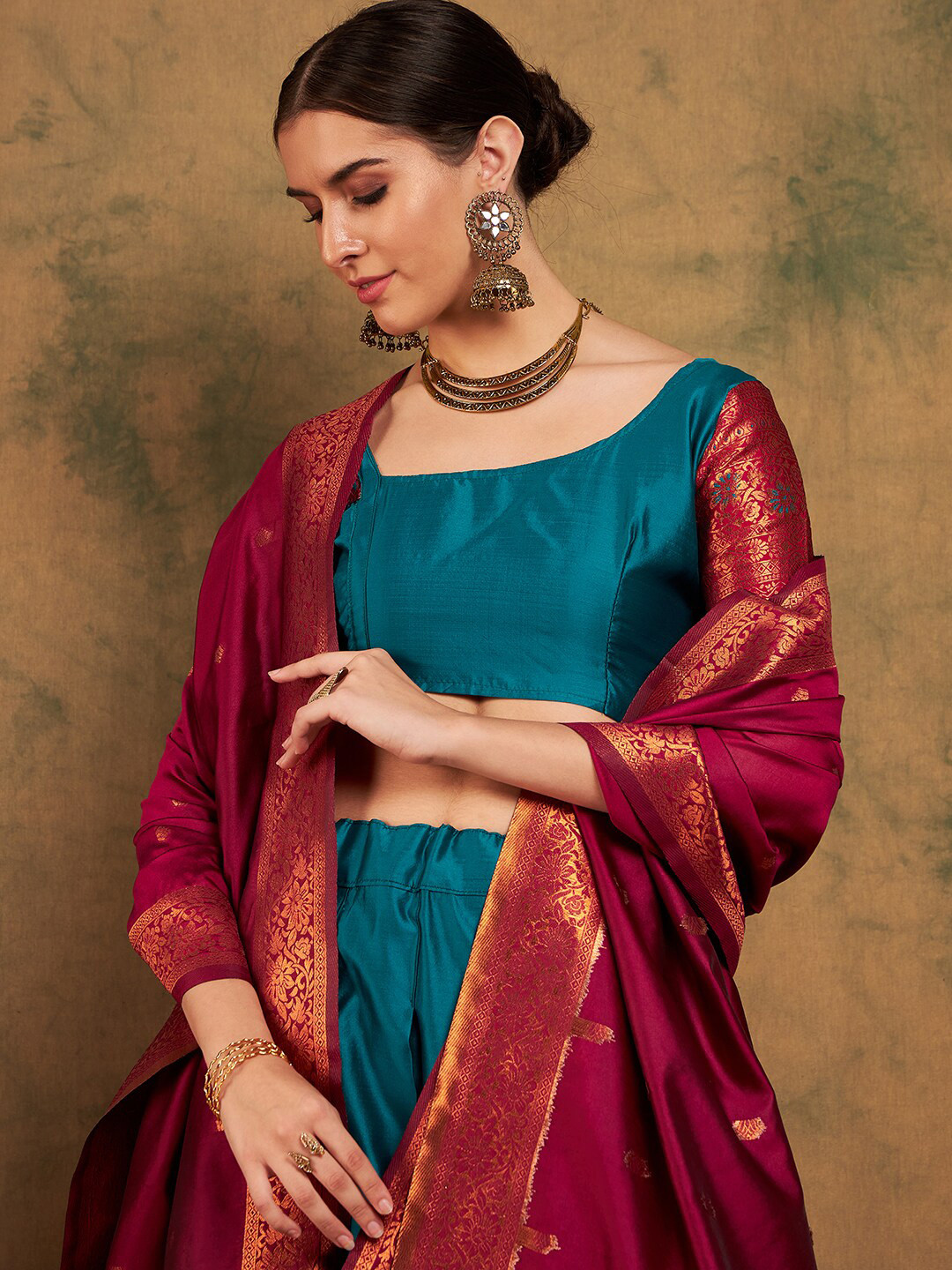 Sangria Woven-Design Semi-Stitched Lehenga & Unstitched Blouse With Dupatta