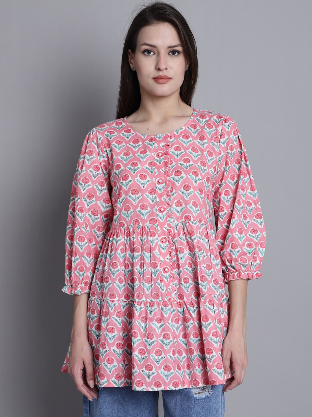 Roly Poly Floral Print Cotton Empire Longline Top