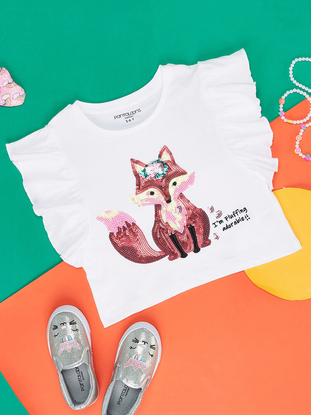 Pantaloons Junior Girls Fox Embellished Flutter Sleeves Cotton Top