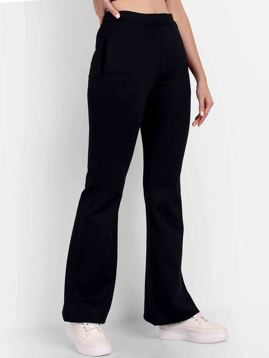 BROADSTAR Women Smart Flared High-Rise Easy Wash Bootcut Trousers