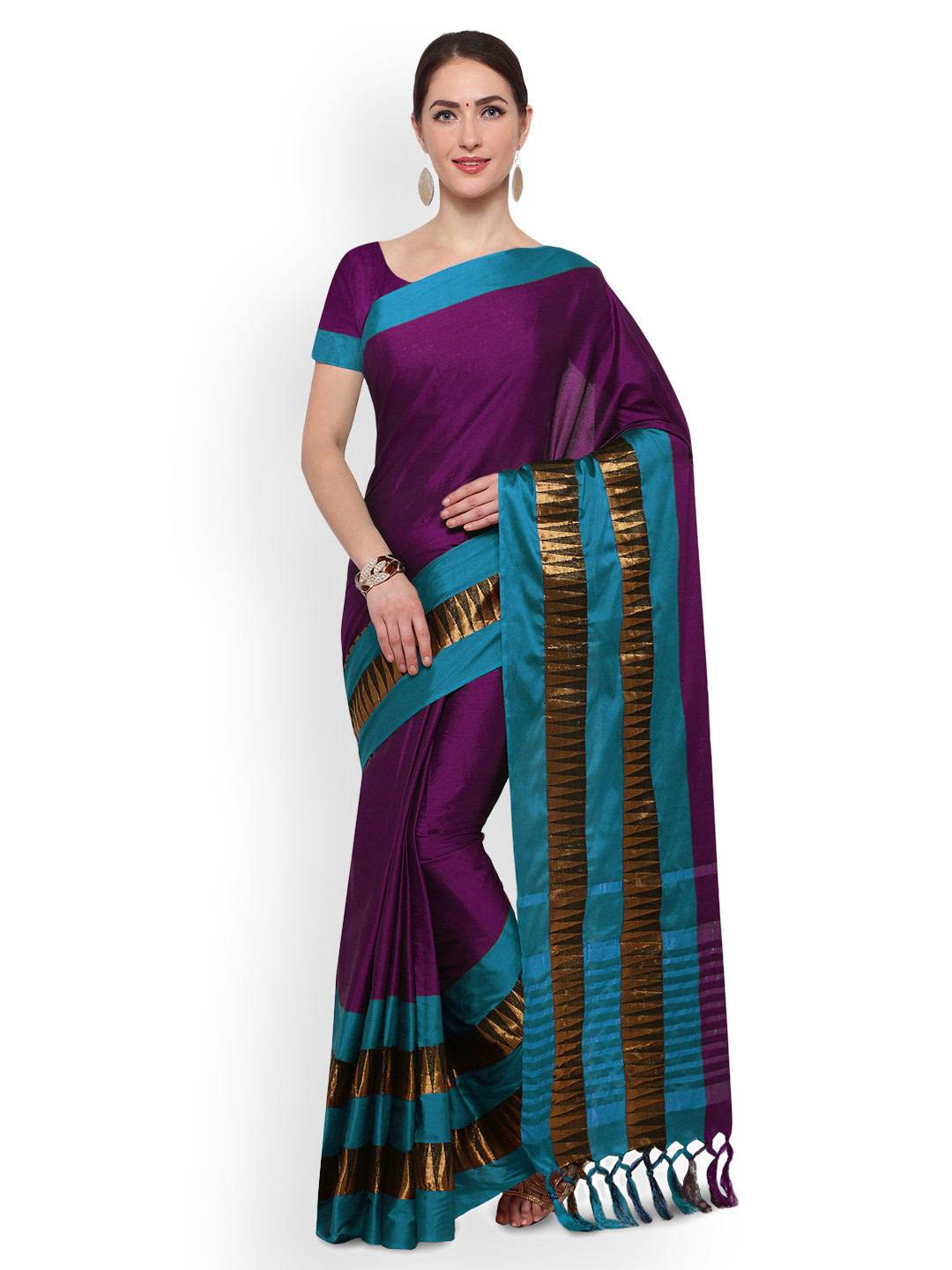 Saree mall Purple & Blue Solid Silk Cotton Saree