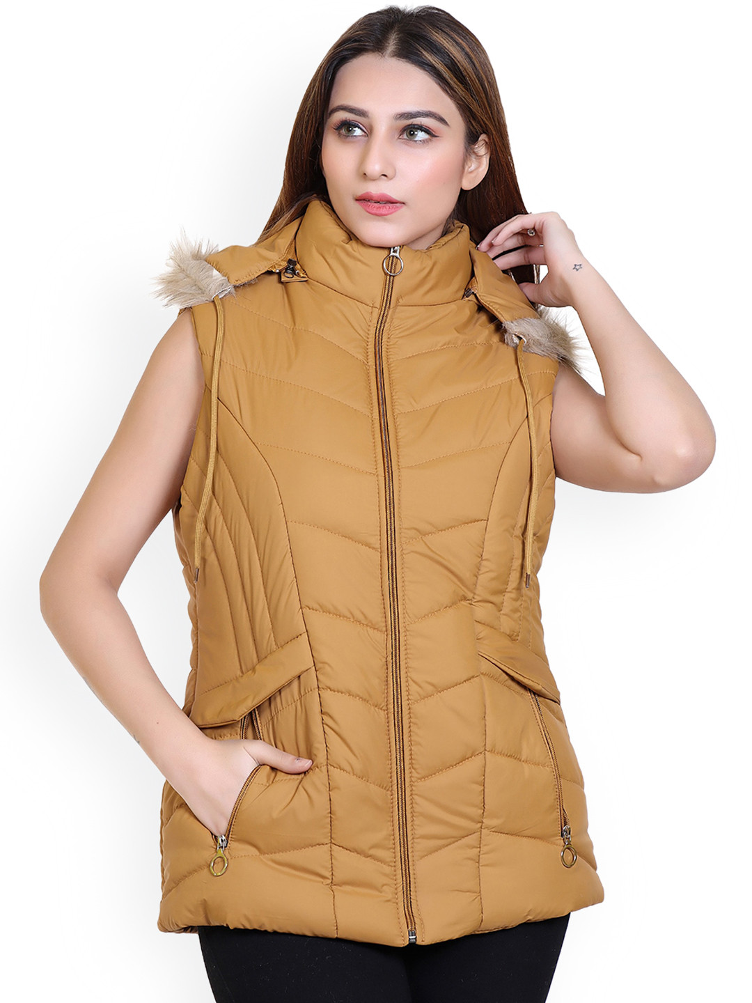Brazo Hooded Sleeveless Lightweight Longline Parka Jacket With Faux Fur Trim