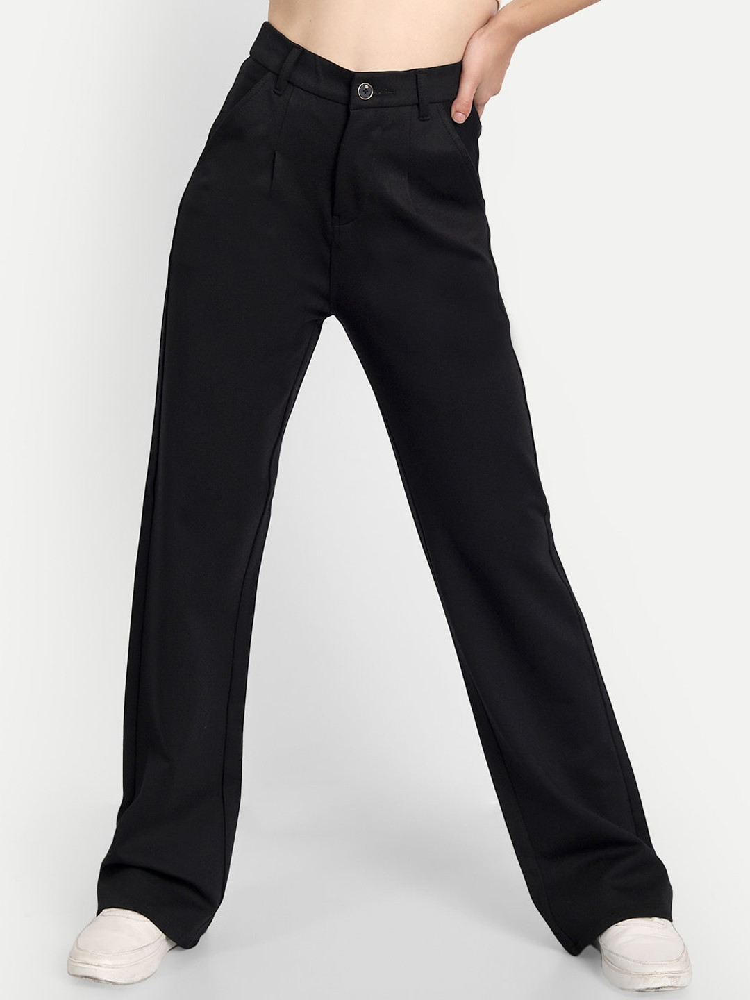 Next One Women Black Smart Straight Fit High-Rise Easy Wash Formal Trousers