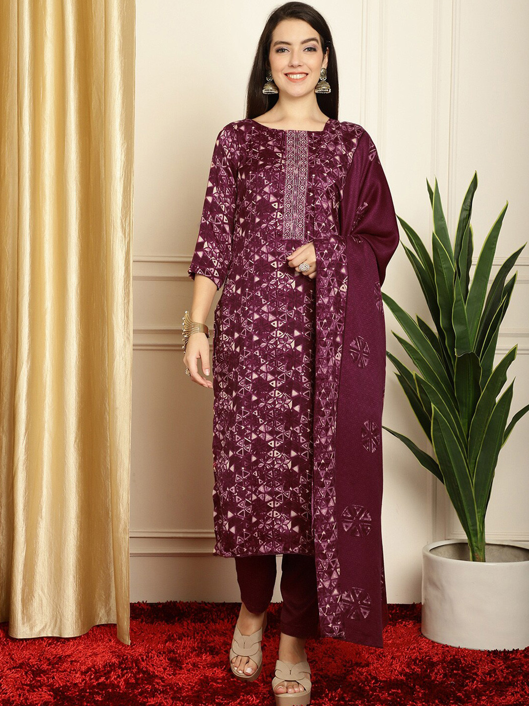Stylee LIFESTYLE Geometric Printed Pashmina Unstitched Dress Material
