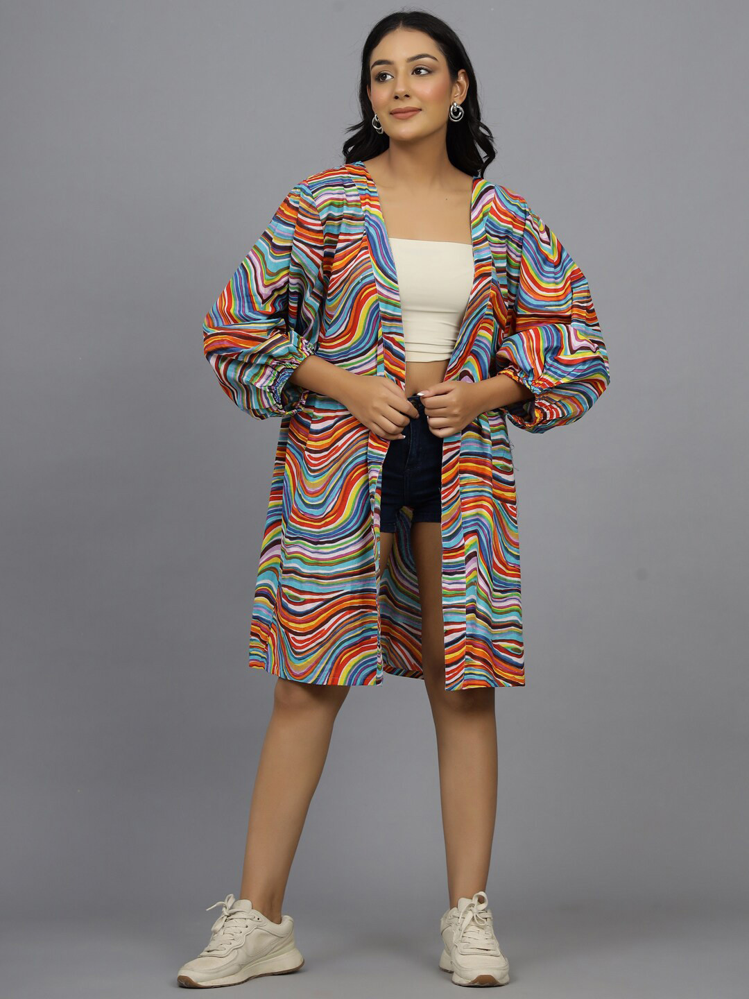 HANDICRAFT PALACE Abstract Printed Embellished Pure Cotton Longline Open Front Shrug
