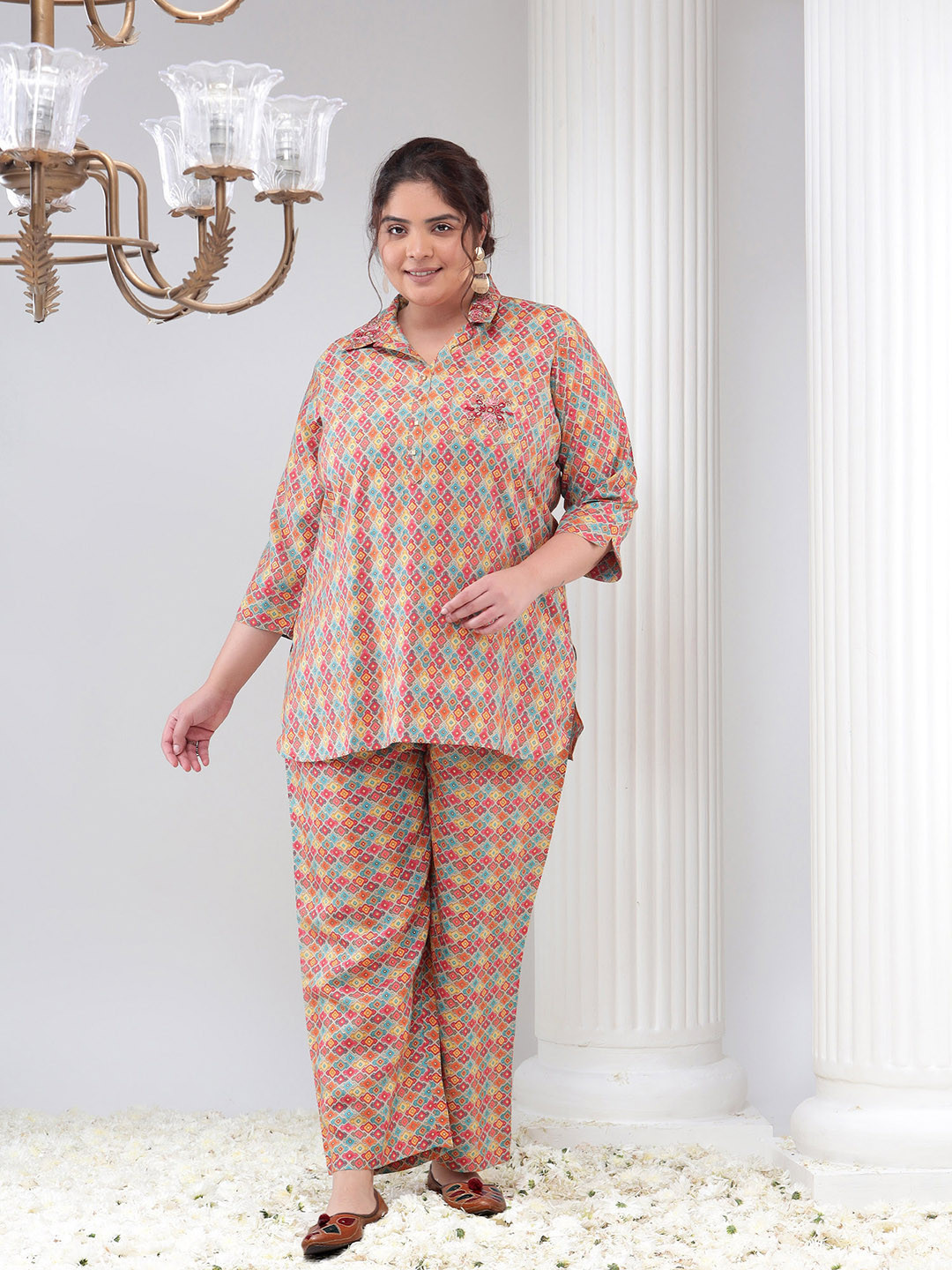 Bani Women Plus Size Ethnic Motif Printed Lapel Collar Tunic & Trouset Night suit