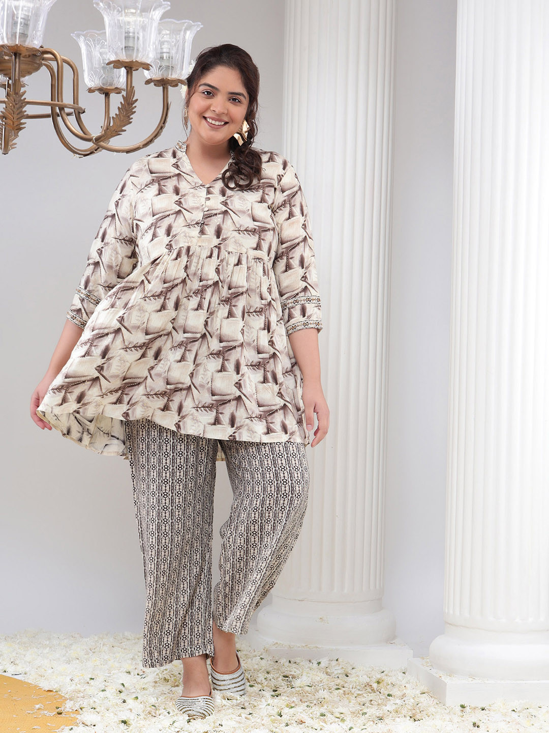 Bani Women Geometric Print Pleated Kurti with Palazzos Set