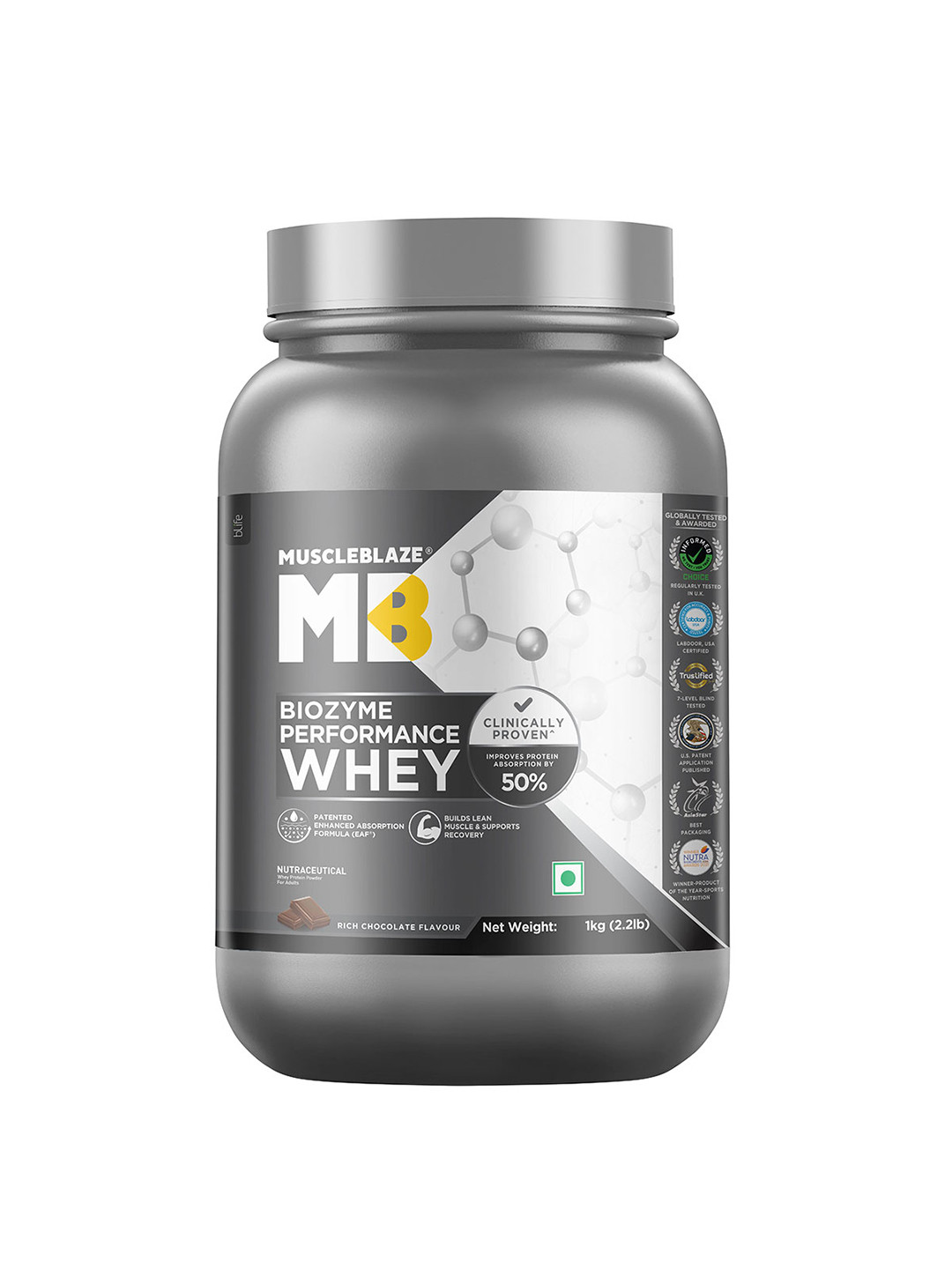 MuscleBlaze Biozyme Performance Rich Chocolate Whey Protein Powder 1kg