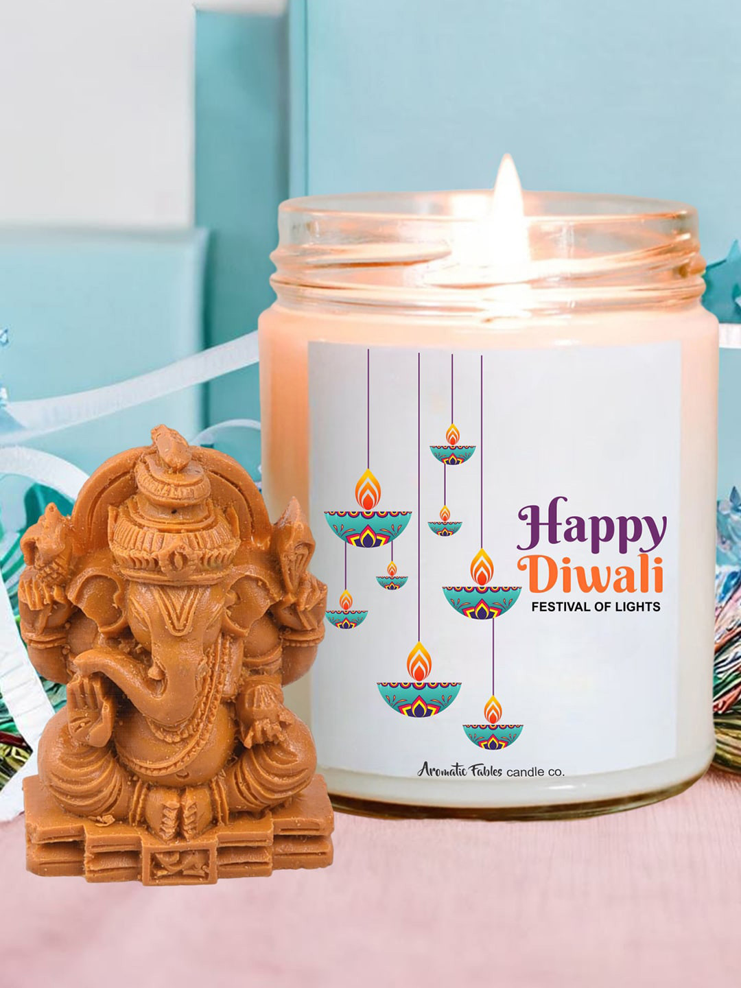 Aromatic Fables White & Brown Lily Scented Glass Jar Candle With Ganesha Idol-400g