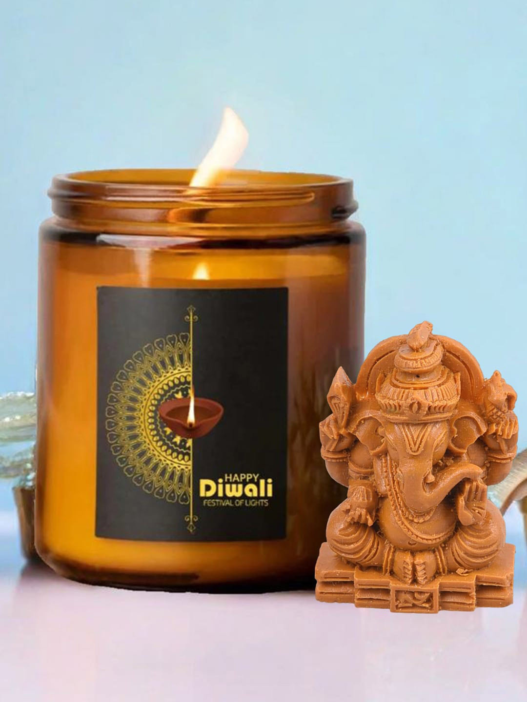 Aromatic Fables White & Brown Green Apple Scented Glass Jar Candle With Ganesha Idol-400g