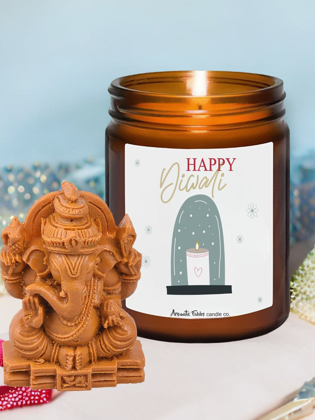 Aromatic Fables White & Brown Grape Aroma Scented Glass Jar Candle With Ganesha Idol-400g