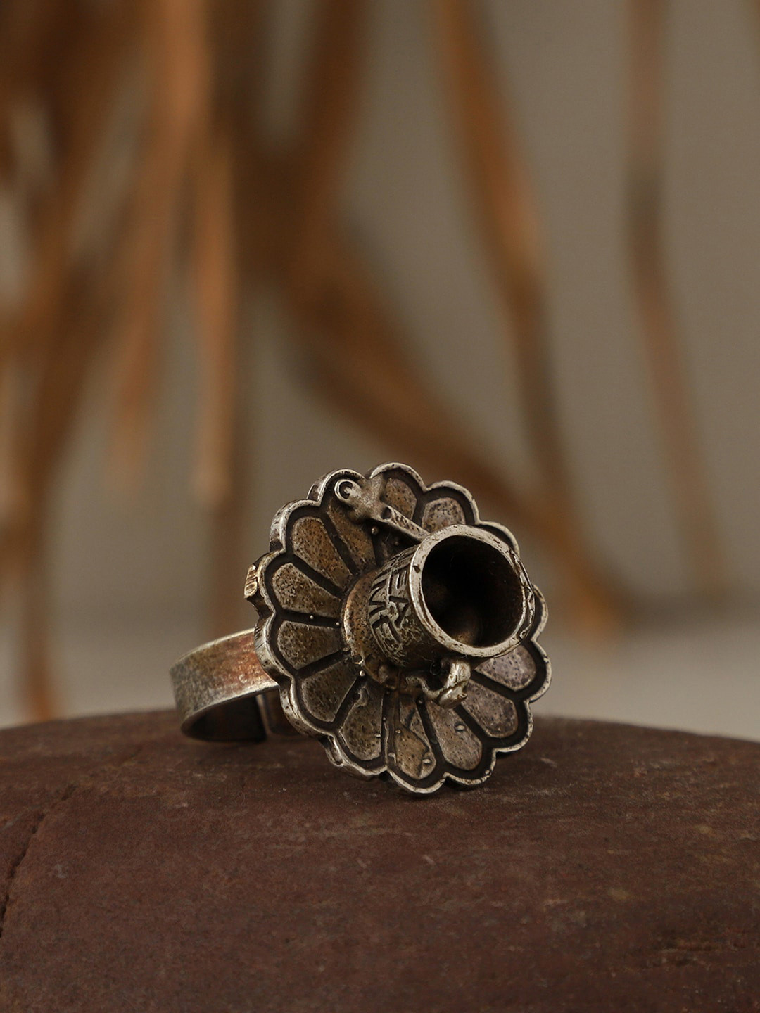 VENI Silver-Plated Oxidized Chai Pyali Adjustable Finger Ring