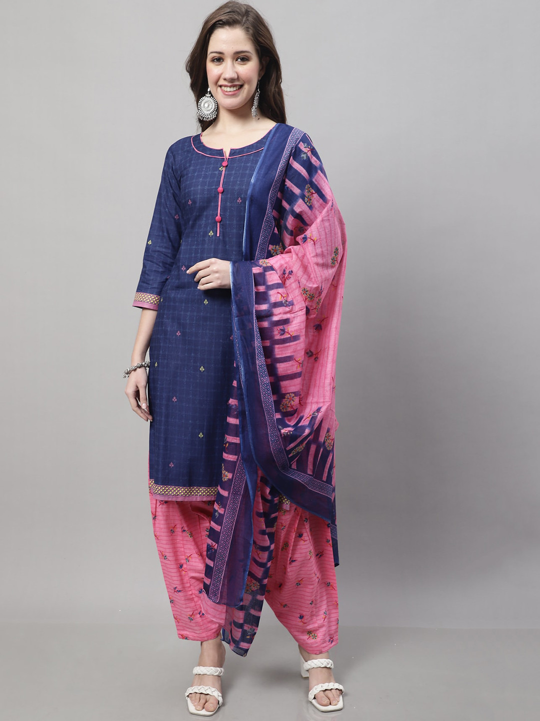 Roly Poly Checked Straight Kurta with Salwar & Dupatta