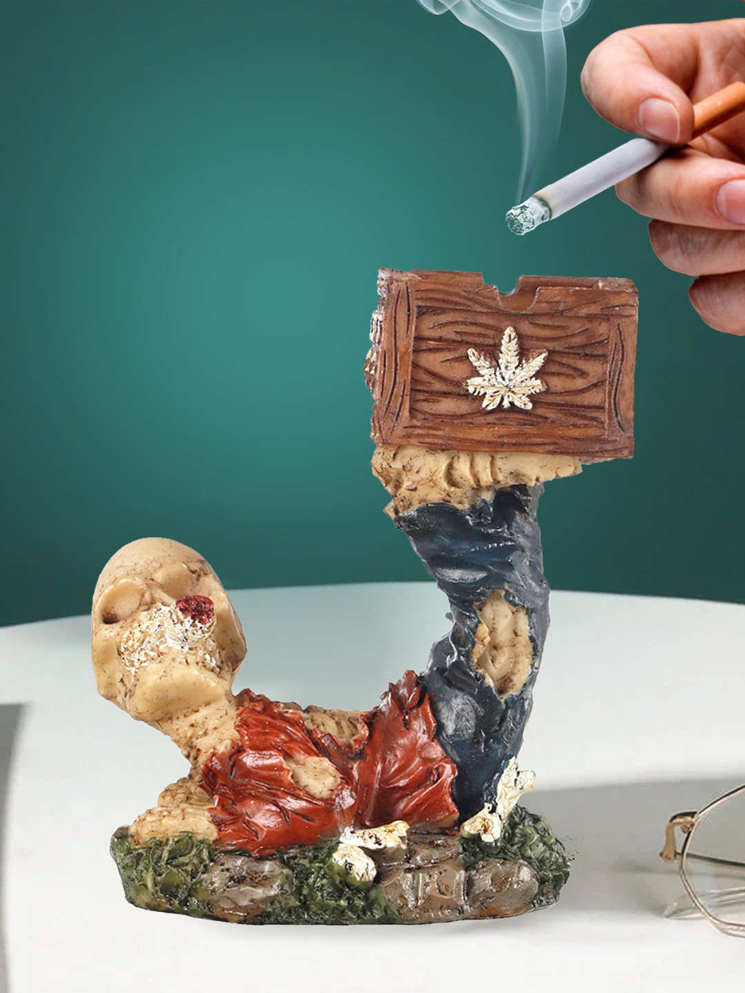 TIED RIBBONS Human Skull Ashtray Red Polyresin Glossy Living Room Medium Showpiece - 5.1 Inches