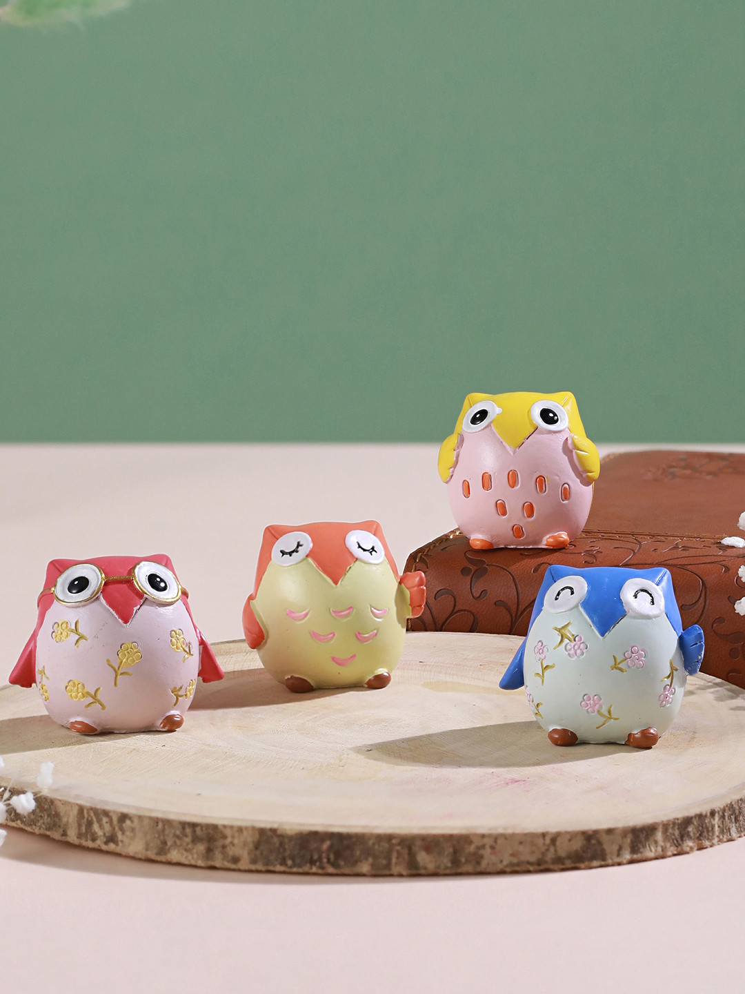 TIED RIBBONS Owl Miniature Pink Polyresin Matte Living Room Set of 4 Small Showpieces - 1.4 Inches