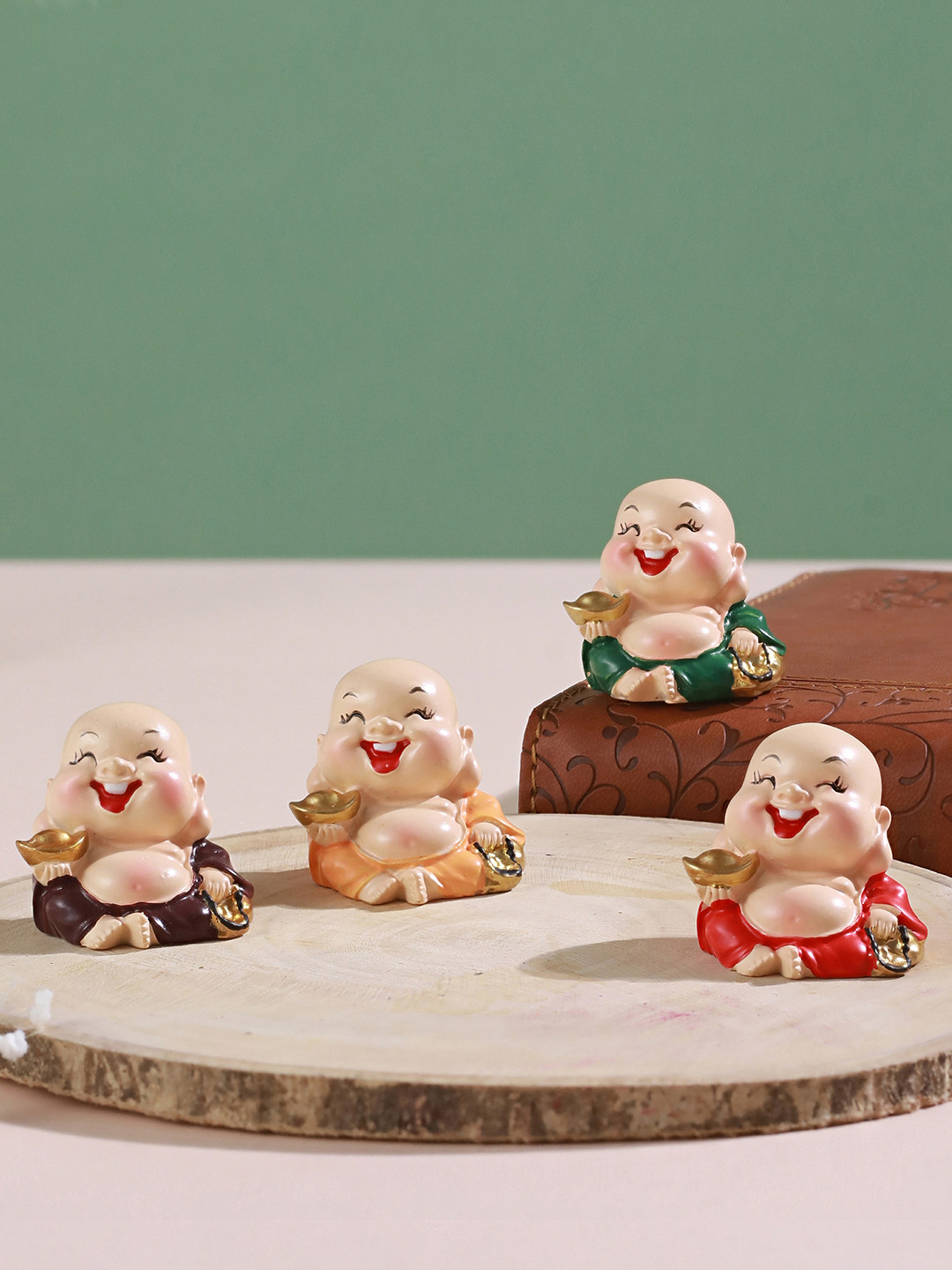 TIED RIBBONS Laughing Buddha Miniature Beige Polyresin Matte Living Room Set of 4 Small Showpieces - 1.4 Inches