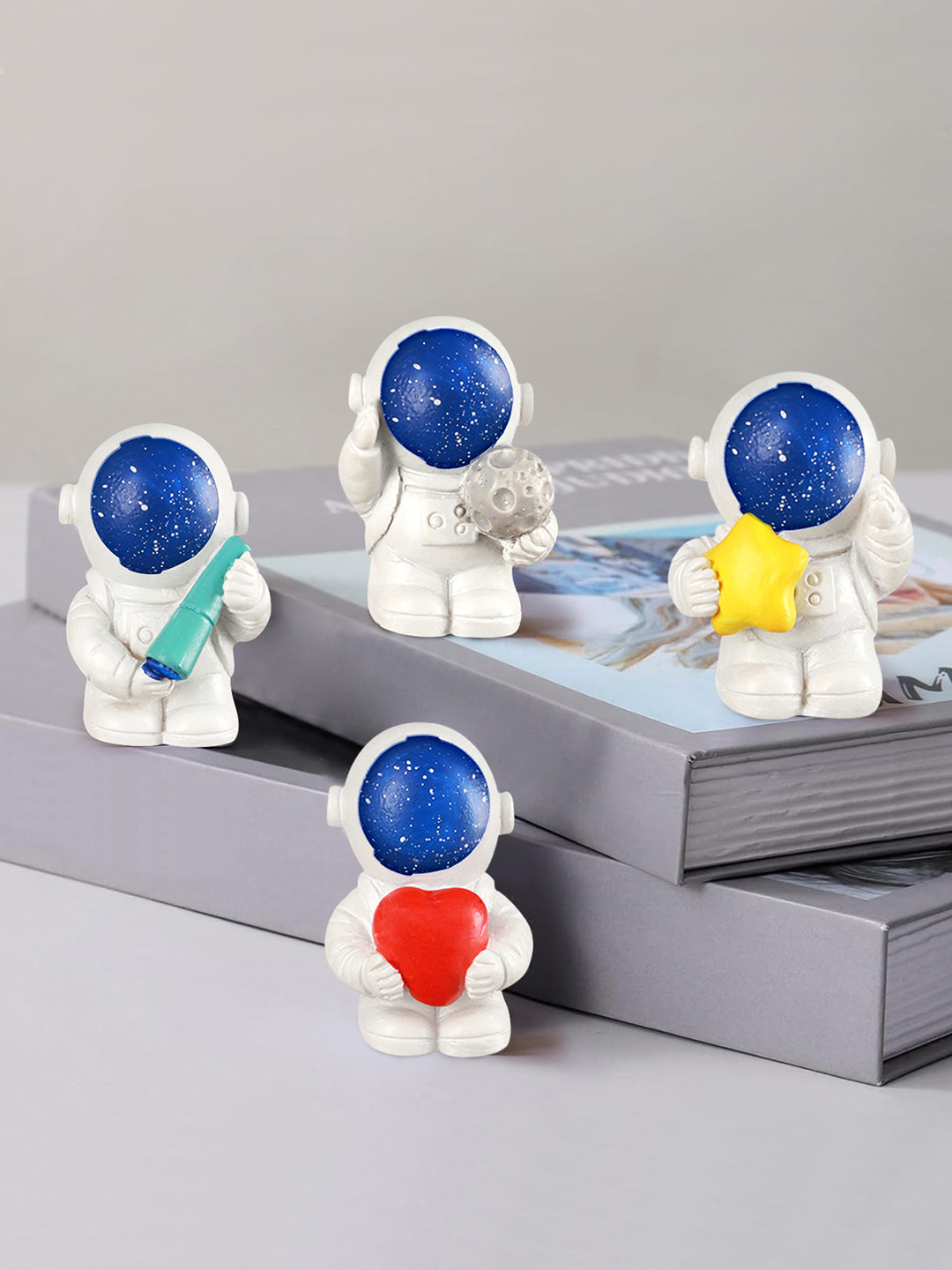 TIED RIBBONS Astronaut White Polyresin Glossy Living Room Set of 4 Small Showpieces - 1.5 Inches