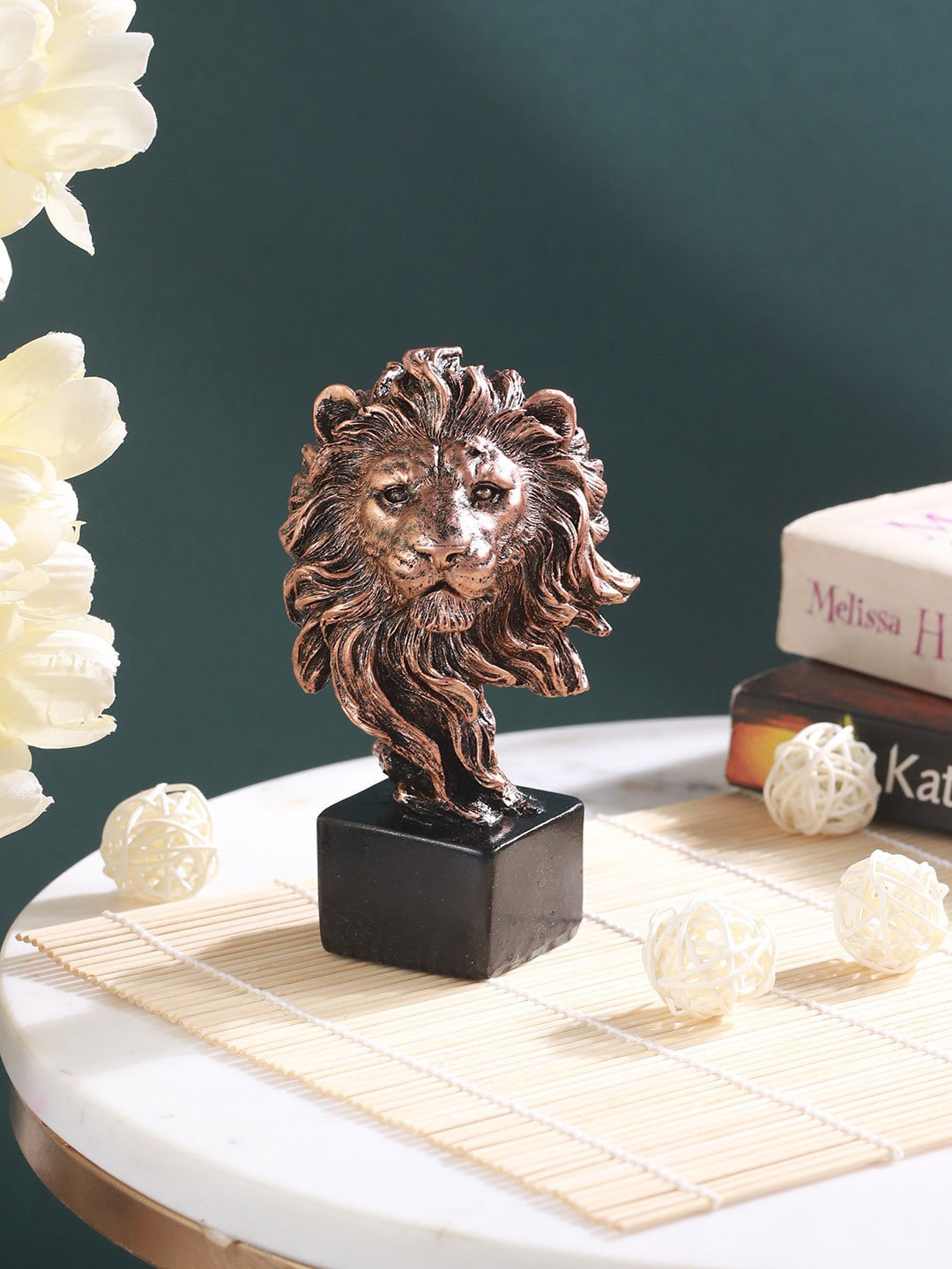 TIED RIBBONS Lion Head Copper Polyresin Natural Living Room Medium Showpiece - 5.1 Inches