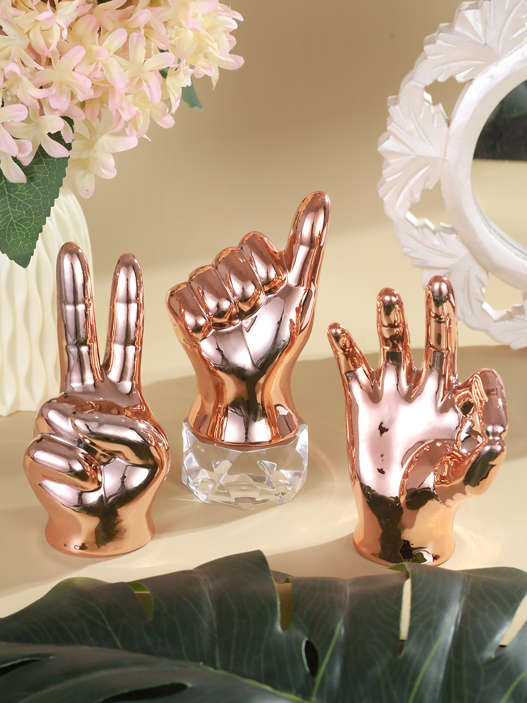 TIED RIBBONS Hand Victory Sign Copper Ceramic Natural Living Room Set of 3 Medium Showpieces - 5.5 Inches