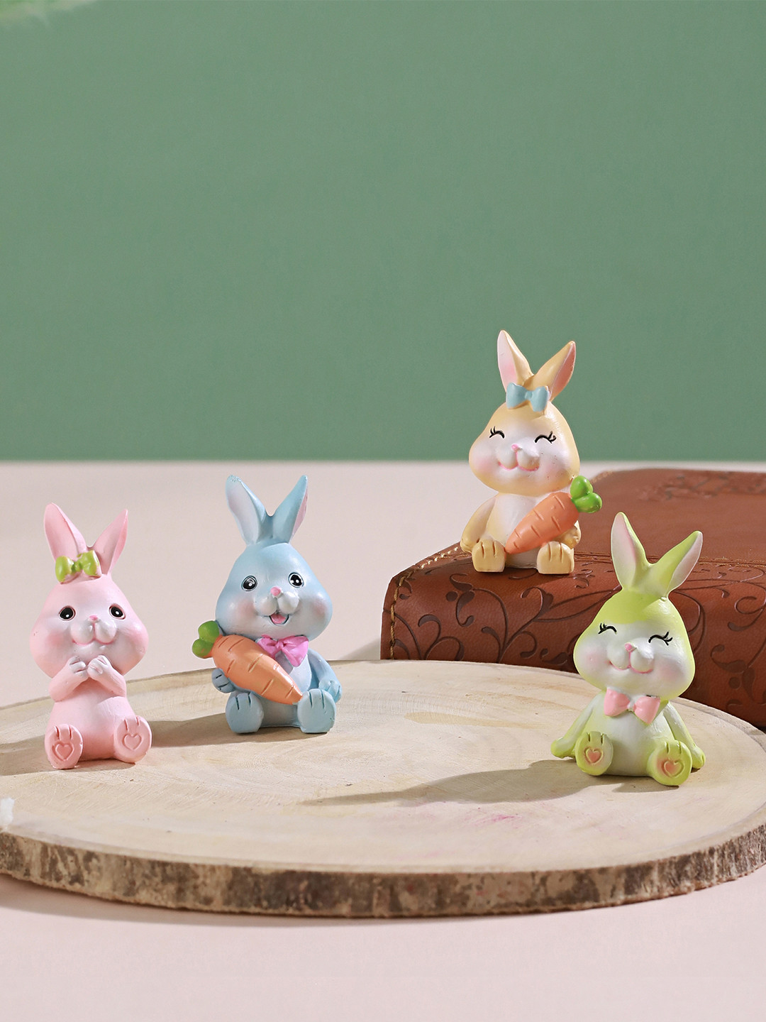 TIED RIBBONS Rabbit Orange Polyresin Glossy Living Room Set of 4 Small Showpieces - 2 Inches