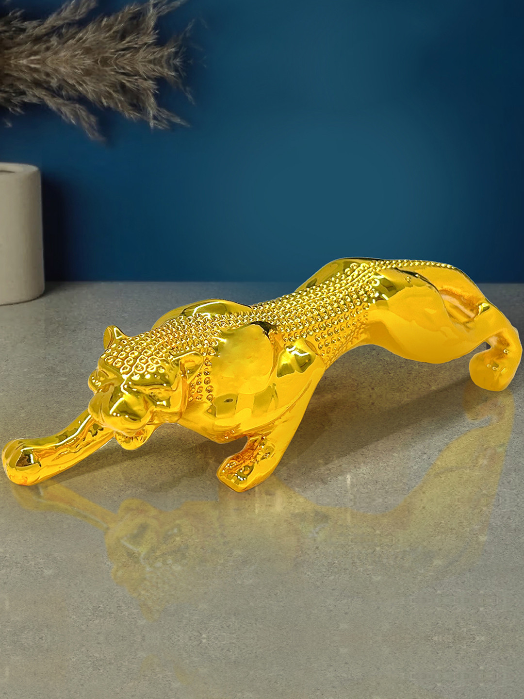 TIED RIBBONS Panther Jaguar Gold Polyresin Glossy Living Room Medium Showpiece - 1.6 Inches