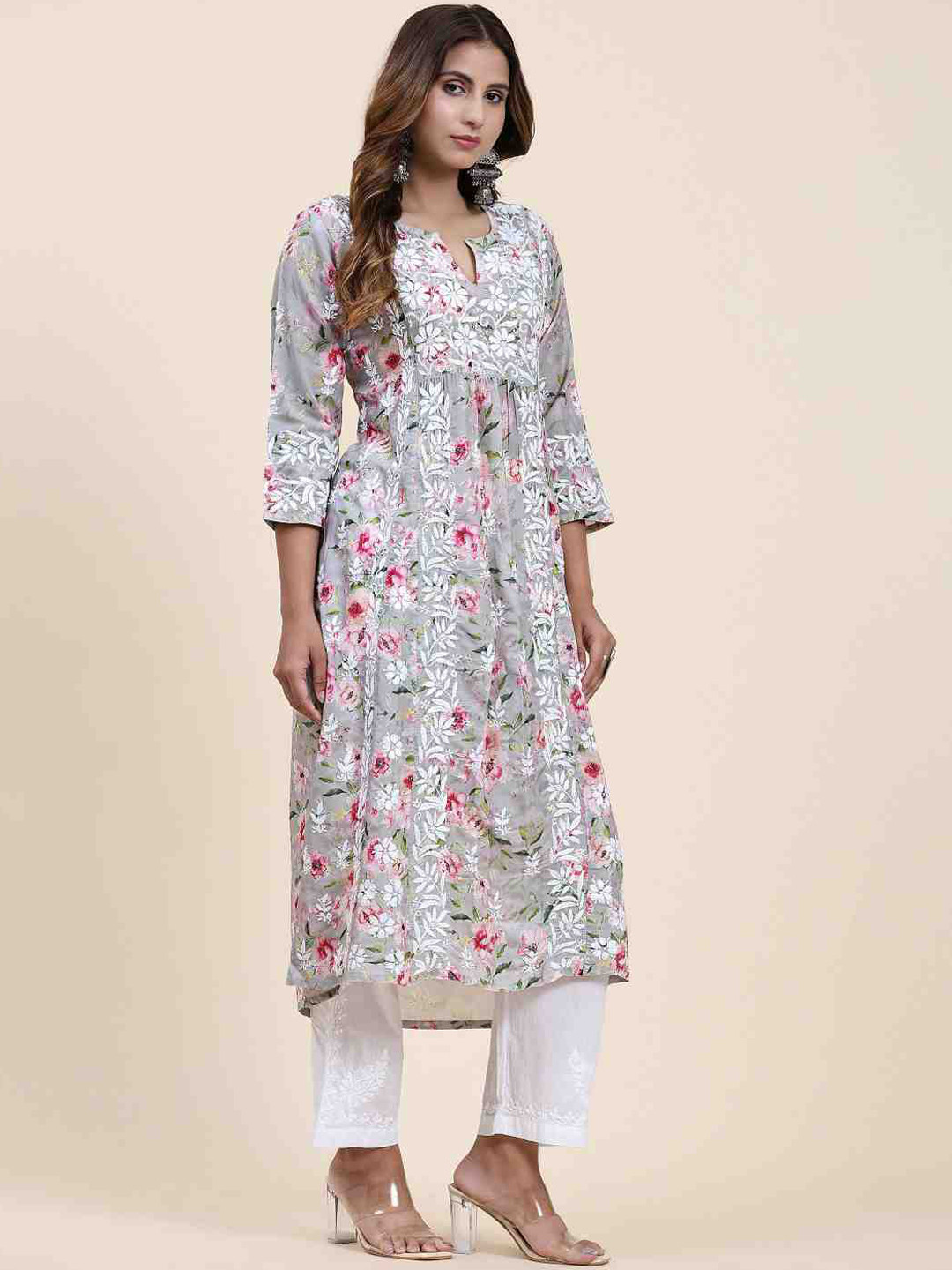 HOUSE OF KARI Grey Floral Printed Thread Work Straight Kurta