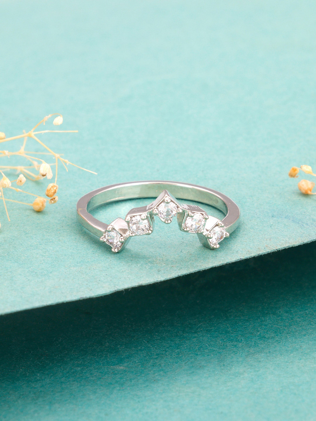 GIVA Rhodium-Plated Stone-Studded Adjustable Finger Ring