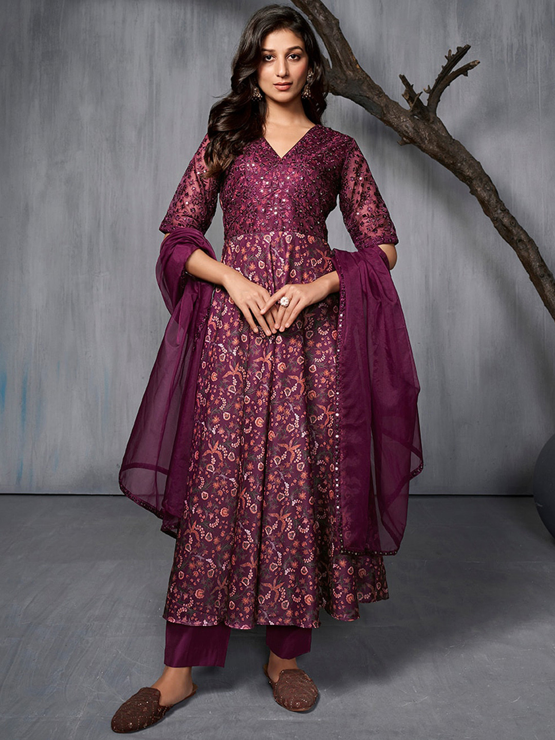 Inddus Burgundy Ethnic Motifs Printed Sequined A-Line Kurta With Trousers & Dupatta