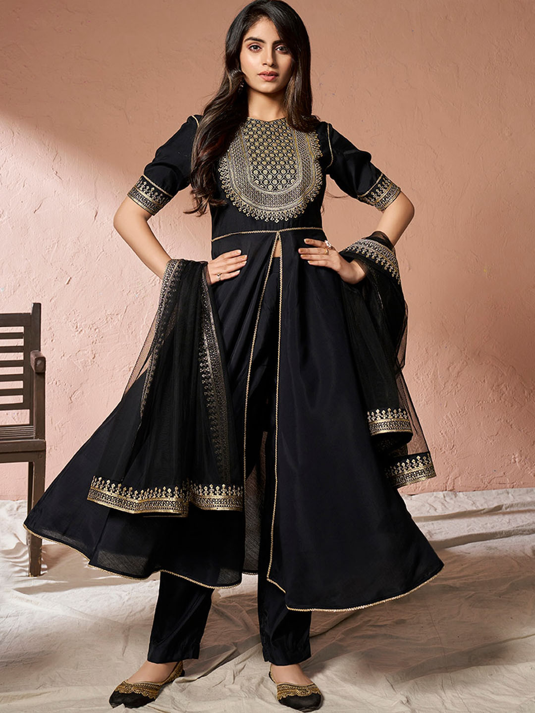 Inddus Alina Cut Black Ethnic Motifs Yoke Design Sequinned A-Line Kurta With Trousers & Dupatta