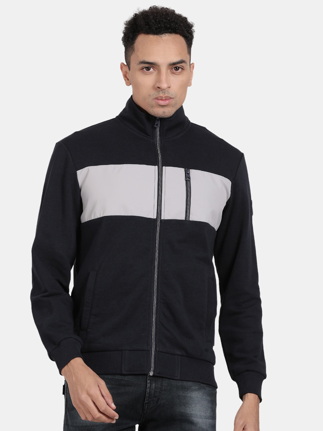 t-base Colourblocked Mock Collar Long Sleeve Zip Detail Front-Open Sweatshirt