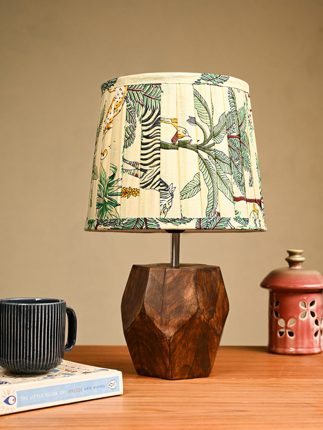 green girgit Brown & Green Floral Printed Pleated Frustum Shape Table Lamp