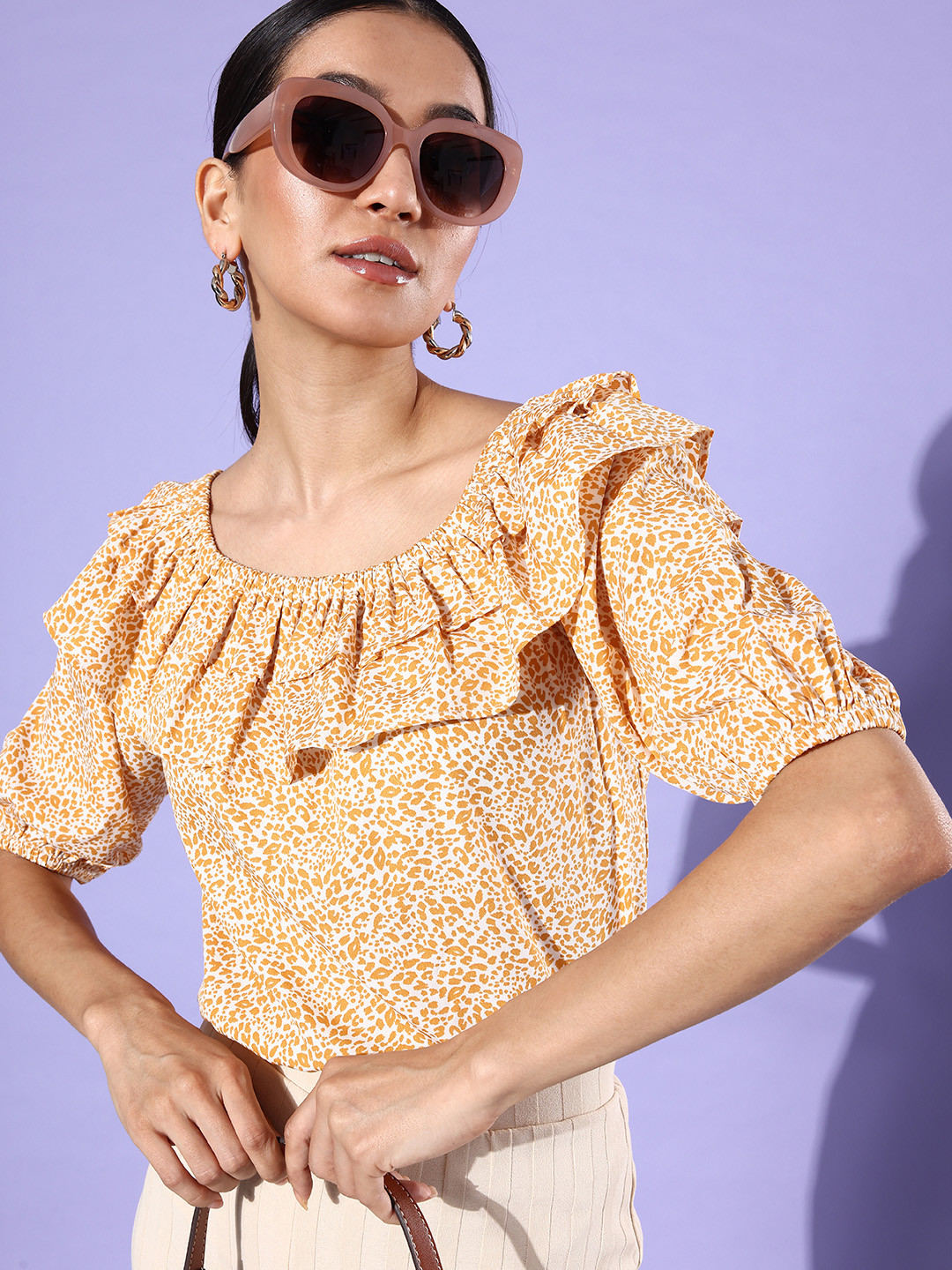 EVERYDAY by ANI EVERYDAY by ANImal Print Off-Shoulder Puff Sleeves Ruffles Top