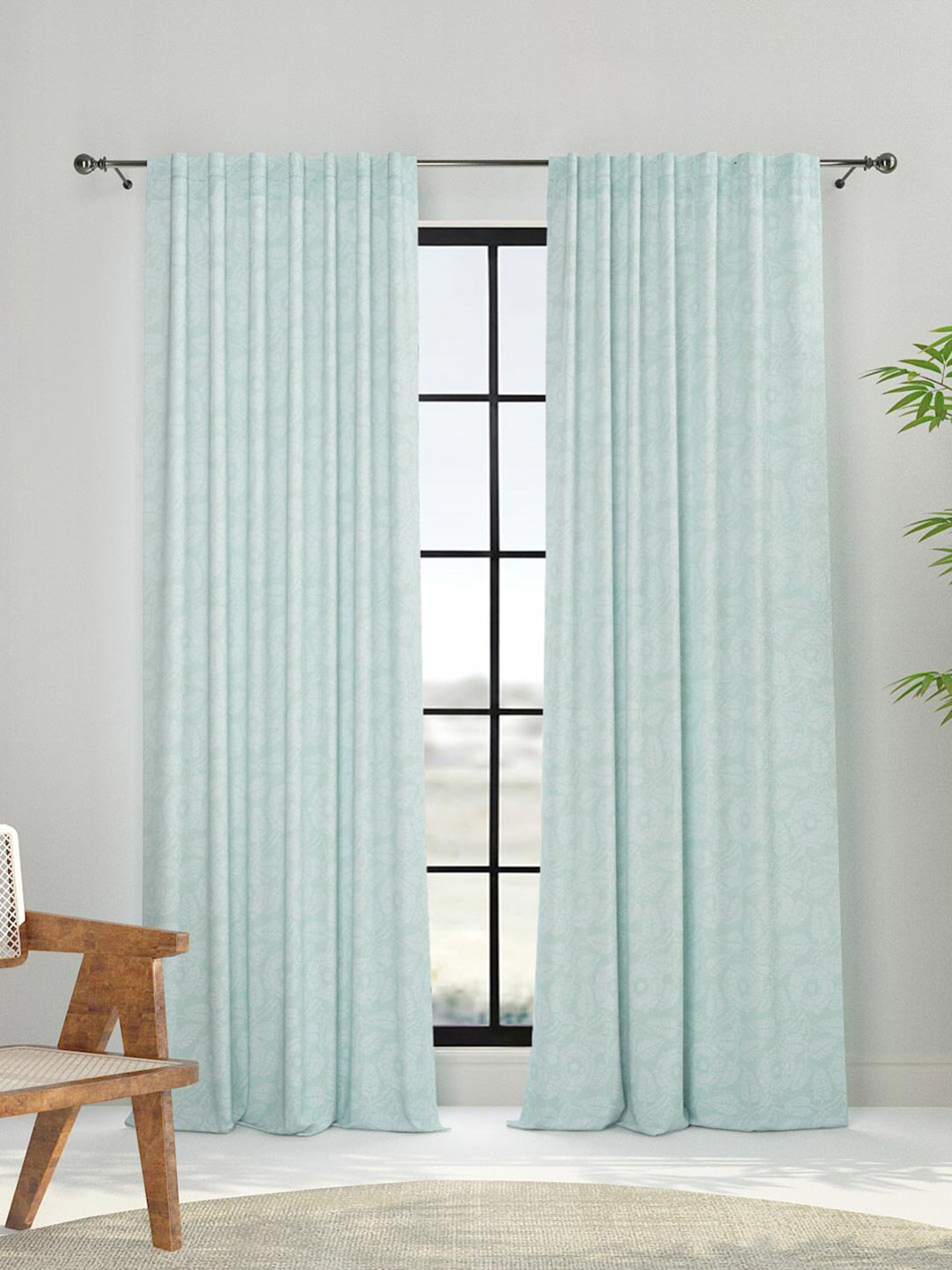 Fabindia Teal & White Floral Cotton Window Curtain