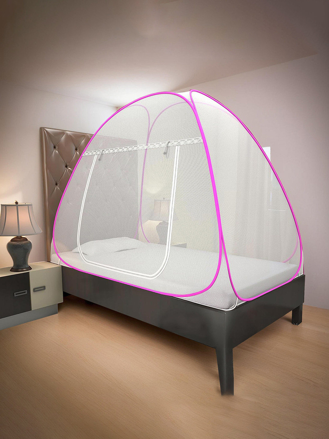 Kuber Industries Pink Lace Border King Size Single Bed Mosquito Net