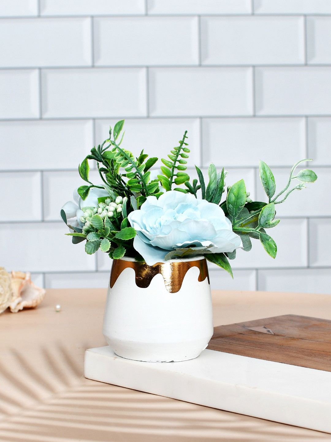 TAYHAA White & Blue Rose Plant With Ceramic Pot