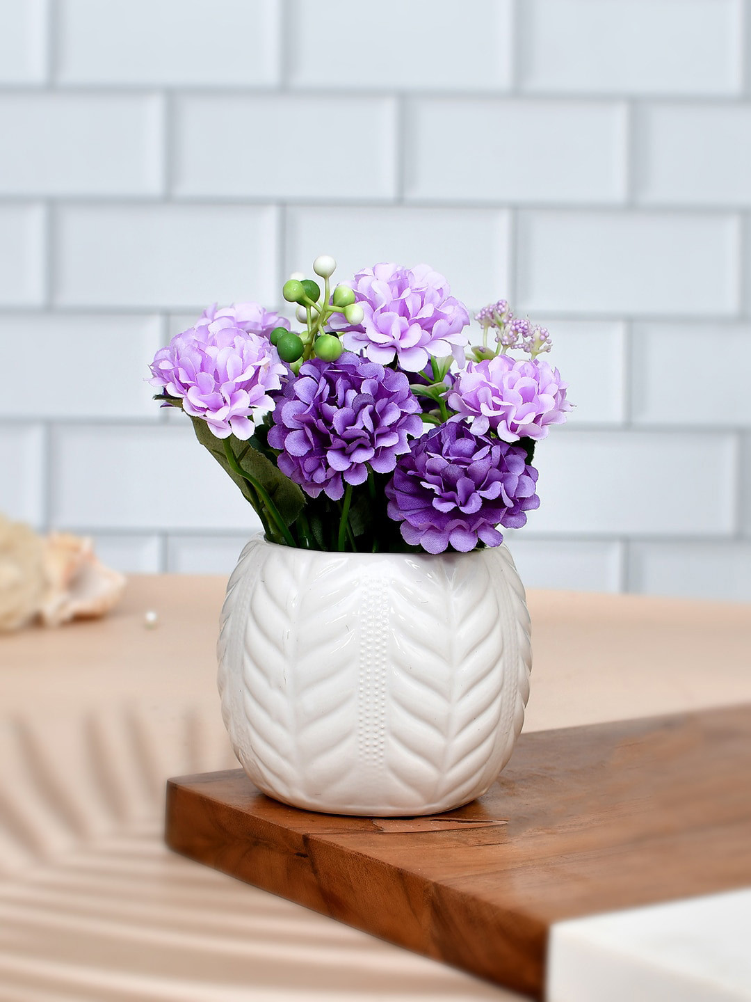 TAYHAA Purple & White Lilac Hues Artificial Flowers With Textured Planter