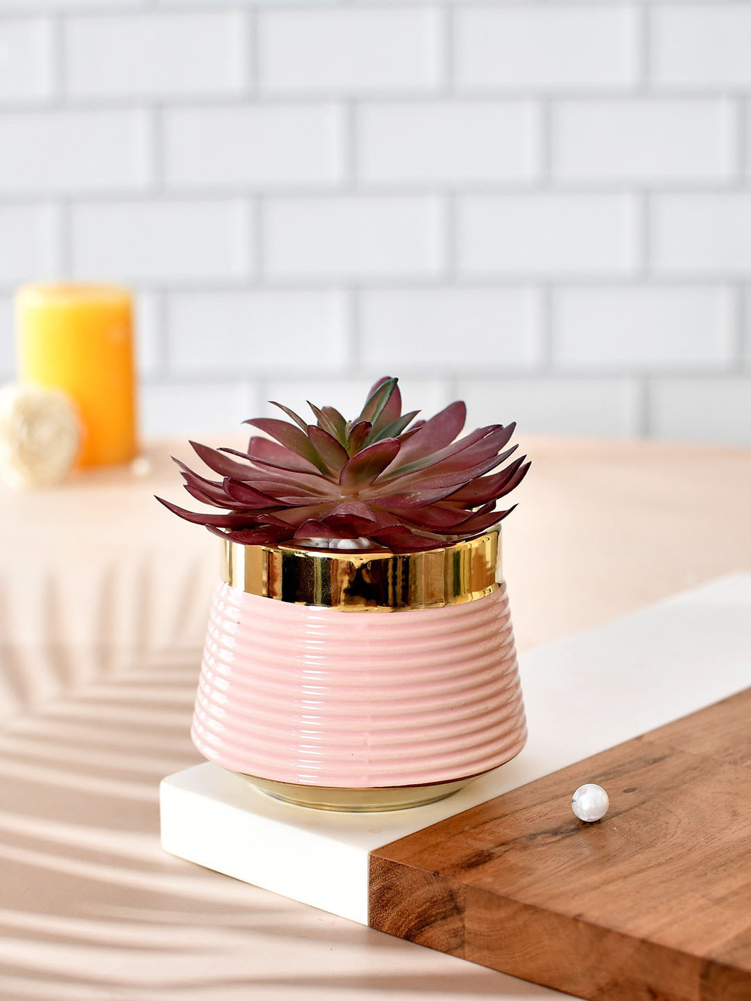 TAYHAA Pink Vibrant Planter with Crimson Artificial Succulant Plant