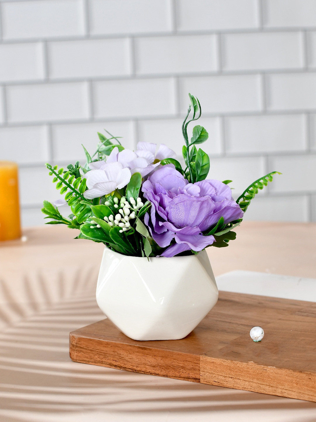 TAYHAA White Artificial Flowers in Diamond Pattern Planter