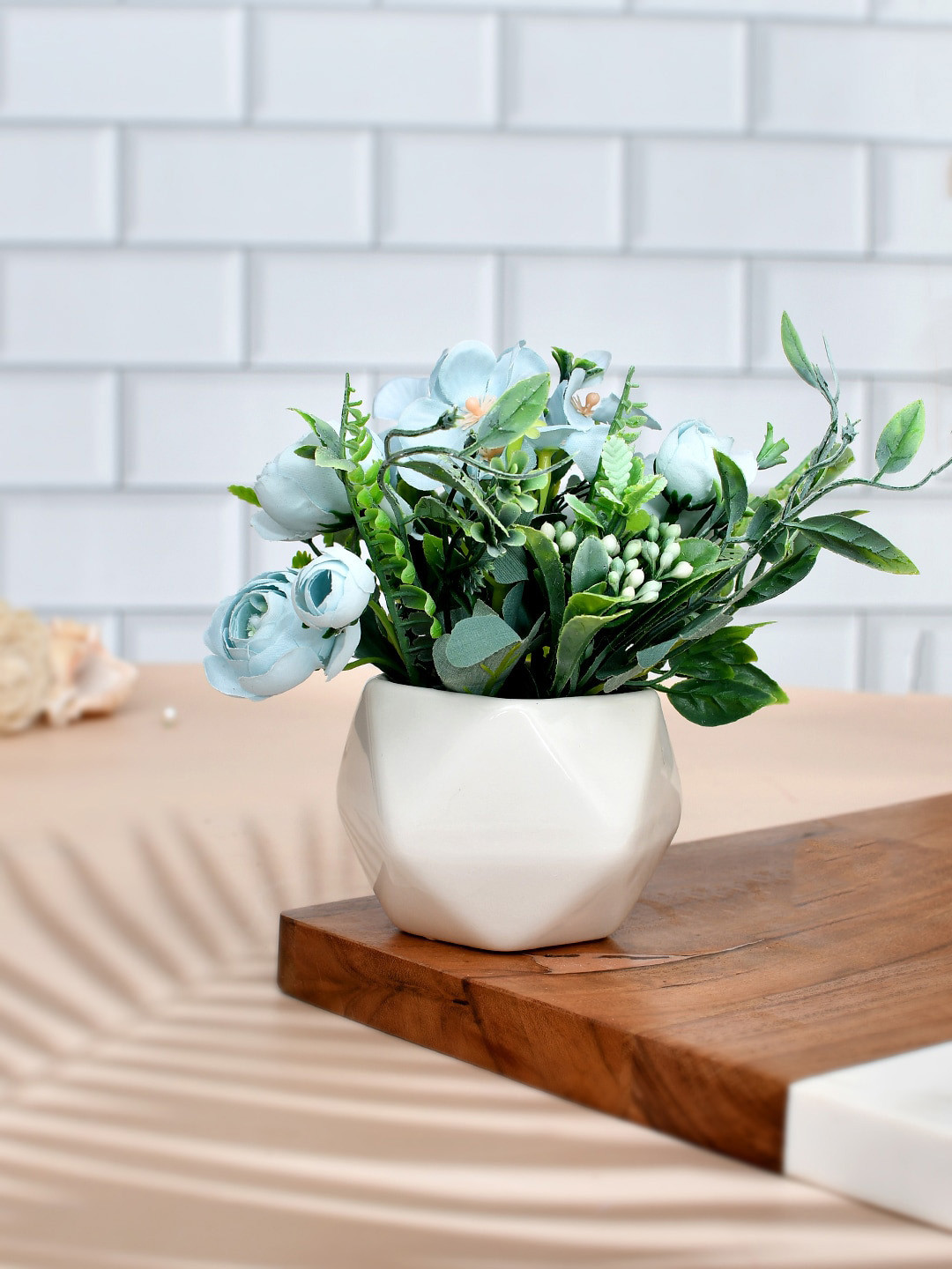 TAYHAA Blue & White Artificial Rose Plant With Ceramic Pot