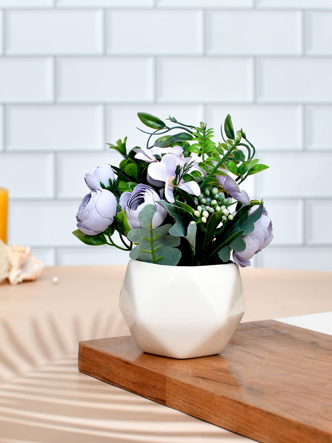 TAYHAA Purple & White Artificial Pristine Flowers in a Diamond Pattern Planter
