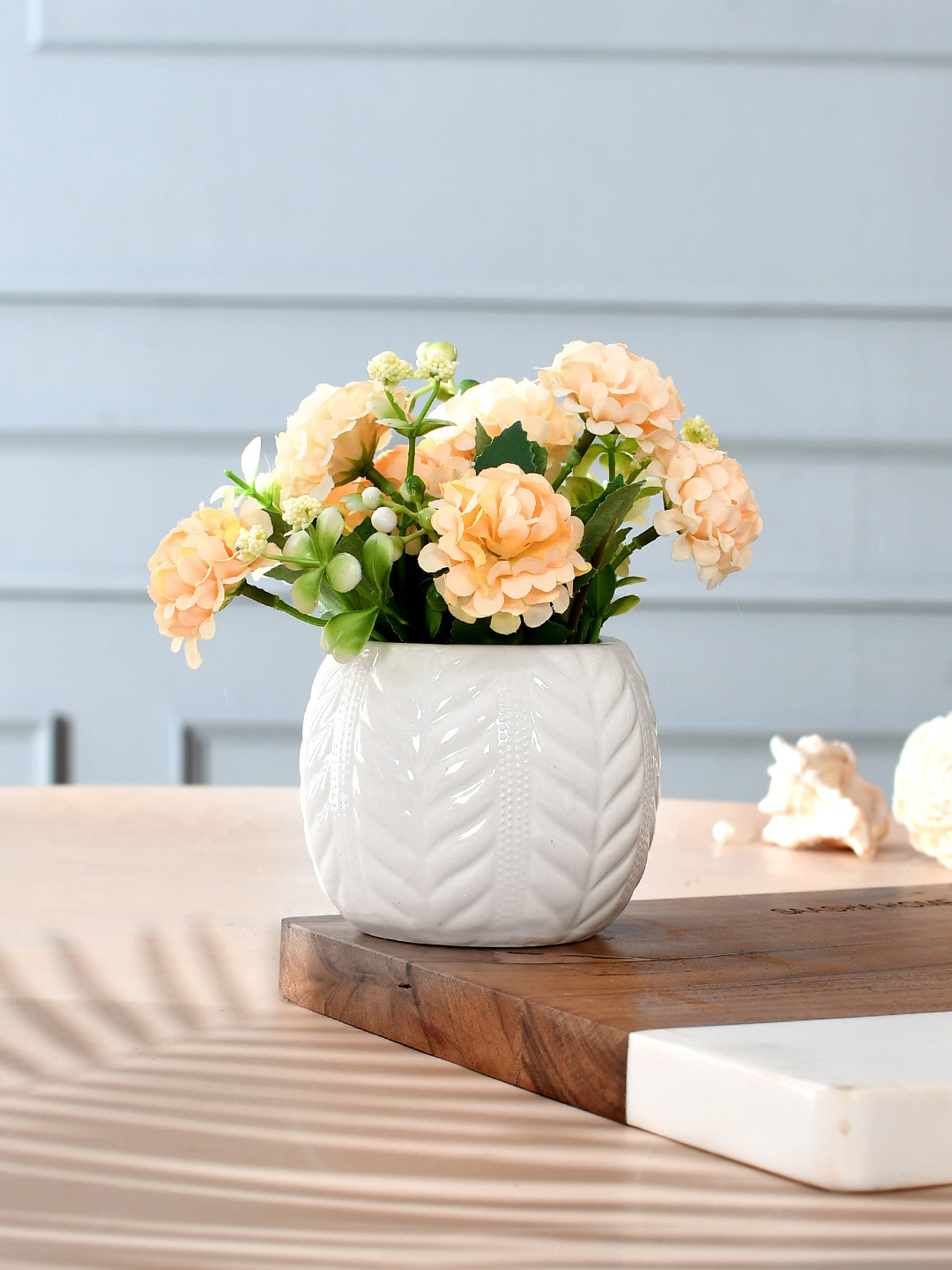TAYHAA Peach-Coloured & White Artificial Flowers with Textured Planter