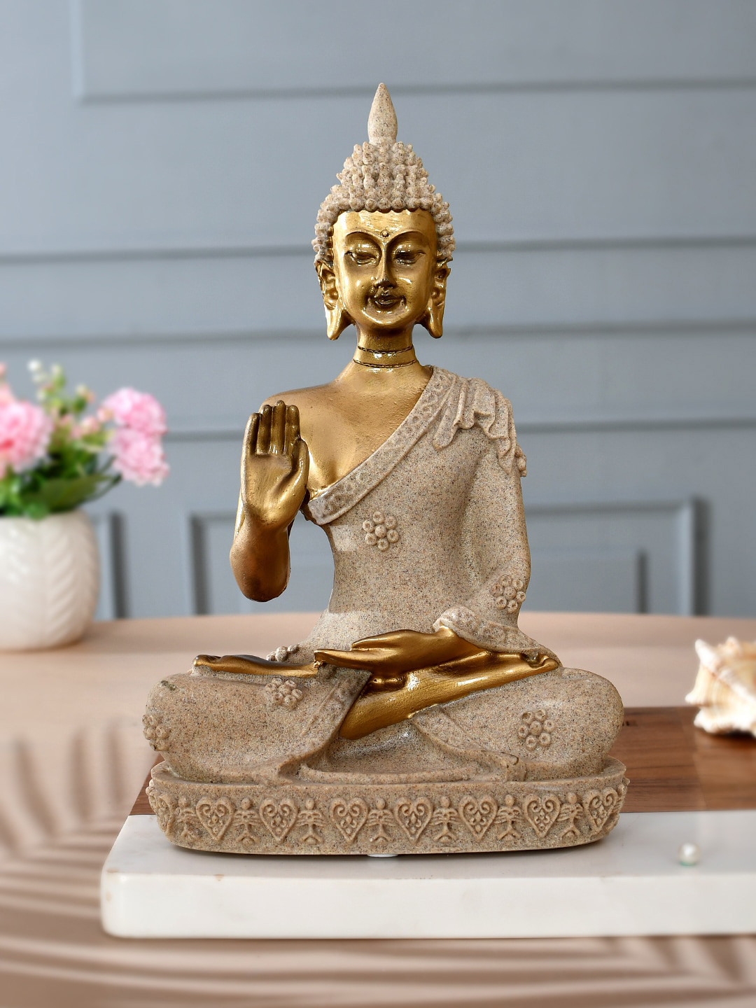 TAYHAA Divine Blessing Buddha Beige Resin Glossy Living Room Medium Showpiece - 11 Inches