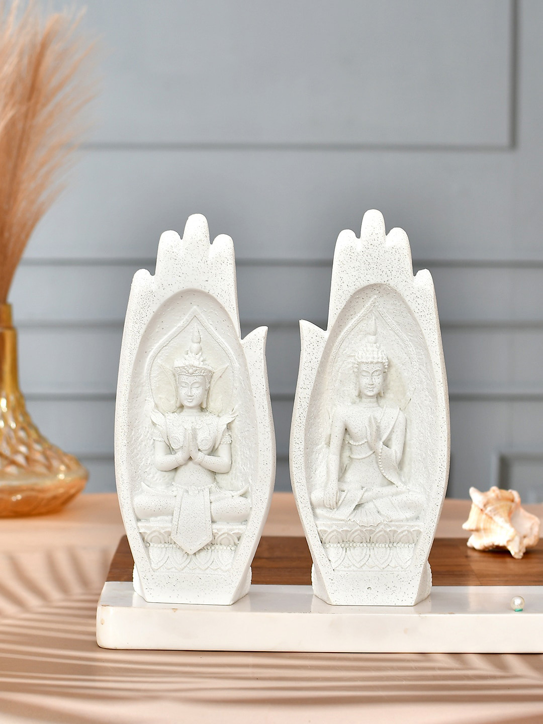 TAYHAA Palm Of Hand Meditating Buddha White Resin Natural Living Room Set of 2 Medium Showpieces - 8.5 Inches