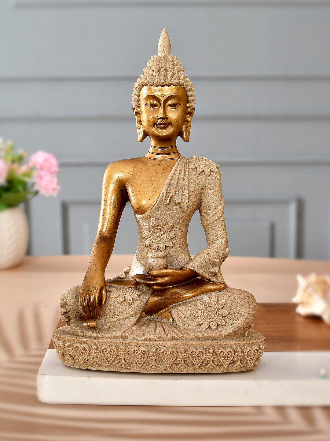 TAYHAA Meditative Serenity Buddha Gold Resin Matte Living Room Medium Showpiece - 11 Inches