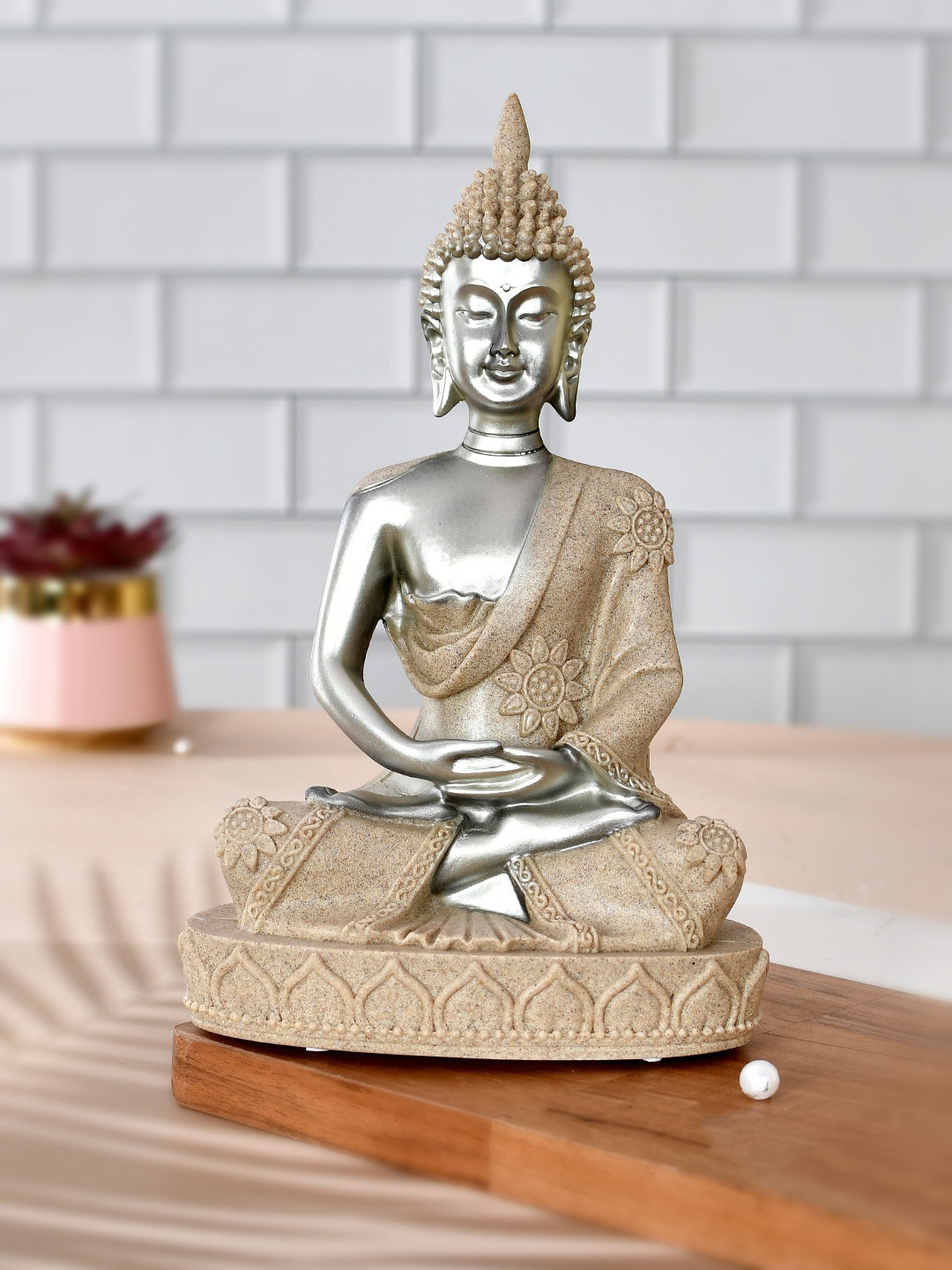 TAYHAA Eternal Wisdom Tranquility Buddha Silver Resin Natural Living Room Medium Showpiece - 11 Inches
