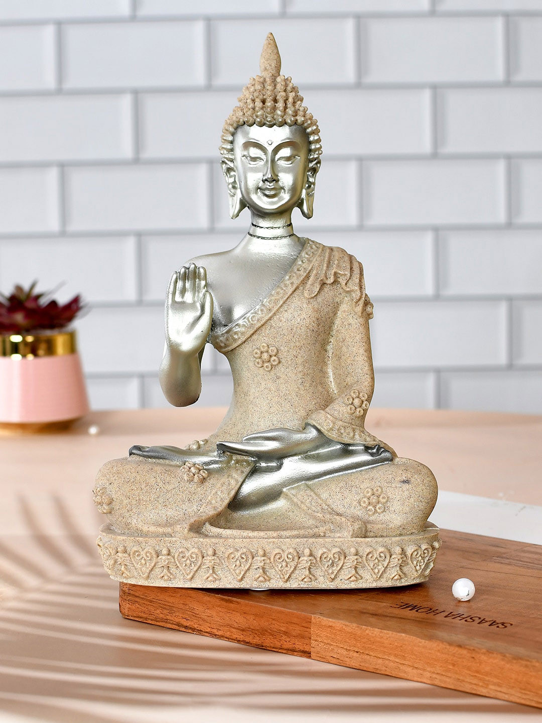 TAYHAA Divine Blessing Buddha Silver Resin Glossy Living Room Medium Showpiece - 10.8 Inches